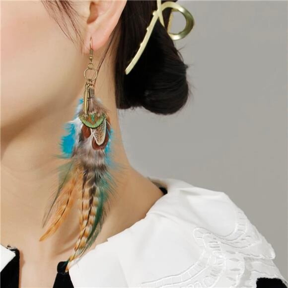 Large Natural Feather Earrings | Handmade Boho Statement Dangles - Picture 2 of 4